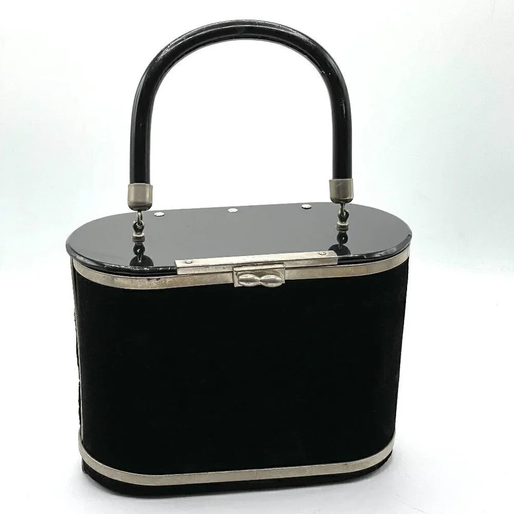 Vintage Black Velvet Hard Sided Box Oval Single Handle Hinged Evening Mini Bag - Picture 1 of 8